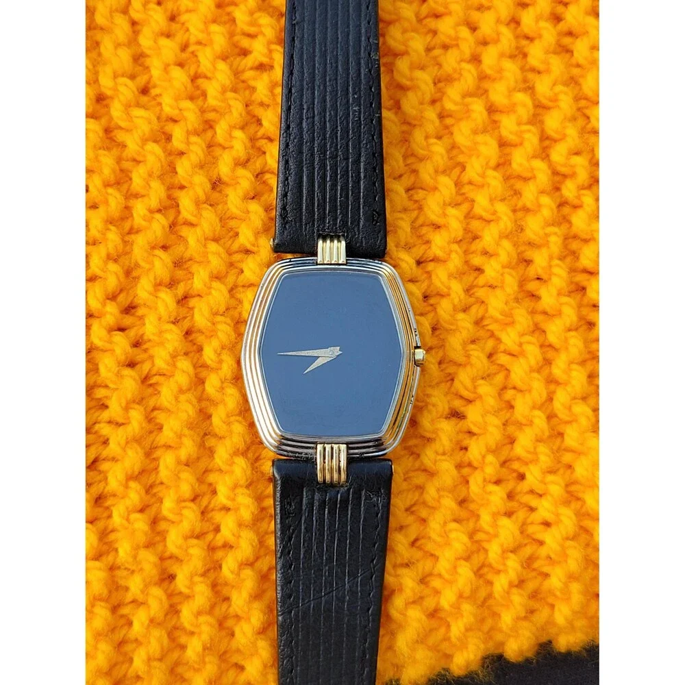 Vintage Christian Dior Quartz Watch Tonneau Hexagon Two Tone Black Dial Leather